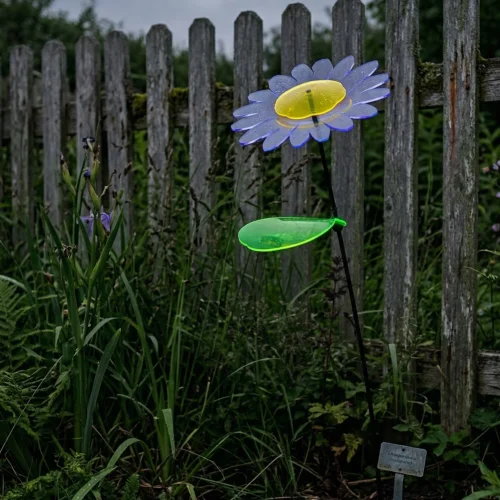 das leuchtende Gänseblümchen 7 SunForm-Sonnenfänger Sonnenfänger, Gartendeko, Gartenstecker, das leuchtende Gänseblümchen in Wildkräutern vor einem verwitterten Gartenzaun