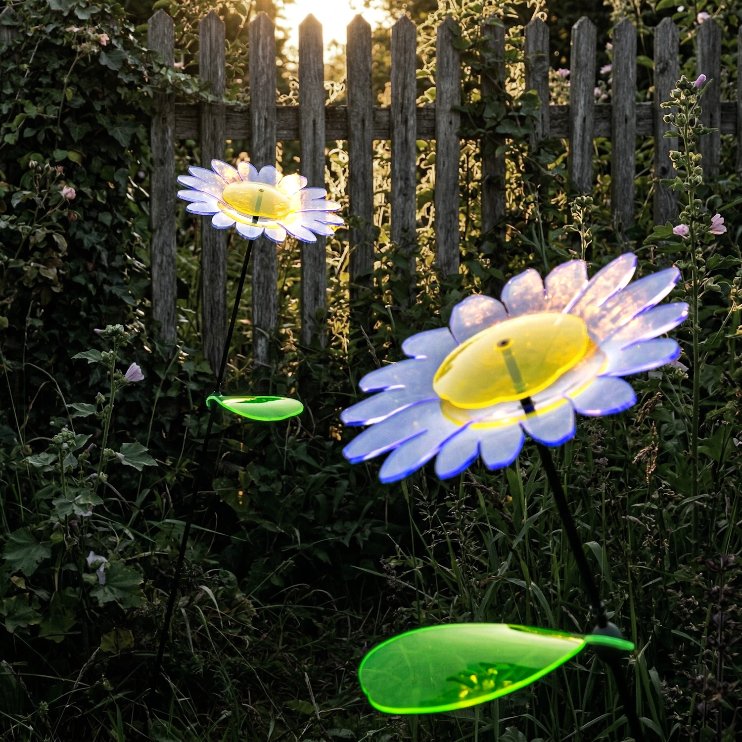 Sonnenfänger, Gartendeko, Gartenstecker, 2 leuchtende Gänseblümchen im eingewachsenen Garten vor einem verwitterten Gartenzaun mit Sonnenschein von der Rückseite