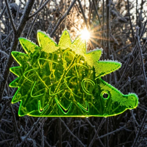 moderne Gartendeko, grüner Sonnenfänger Igel, Lichtfänger, mit schmelzenden Eiskristallen an Stacheln und Nase, Irokese