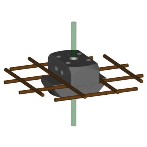 SunForm-Gitteranker zur Befestigung von Sonnenfängern an Schutzgittern von Wasserflächen, mit Gittersegment und eingesetztem Schwingstab