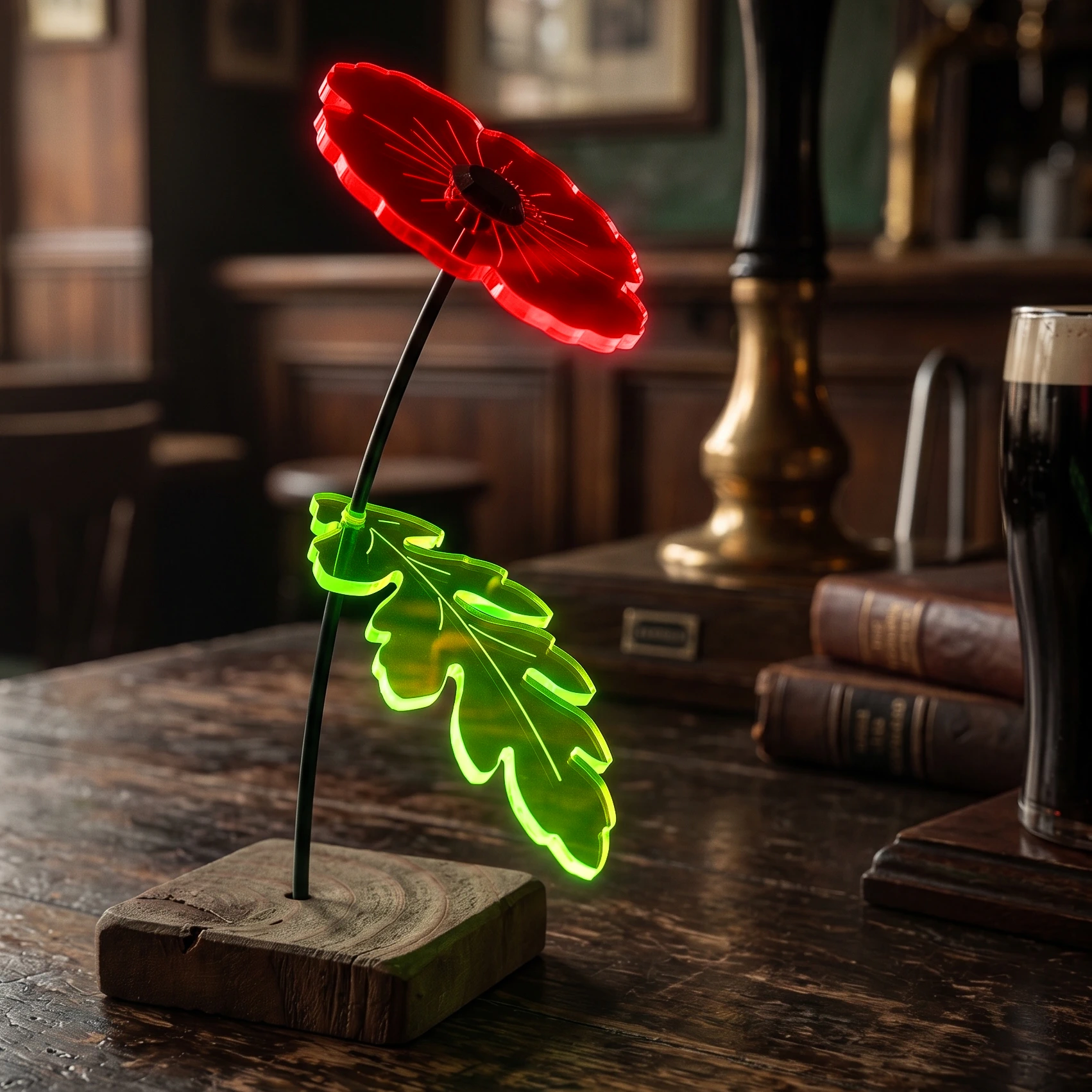 Sonnenfänger "Little Poppy" 4 SunForm-Sonnenfänger Sonnenfänger: Mohnblume mit Standfuß, stehend auf einem rustikalen Tisch eines irischen Pubs