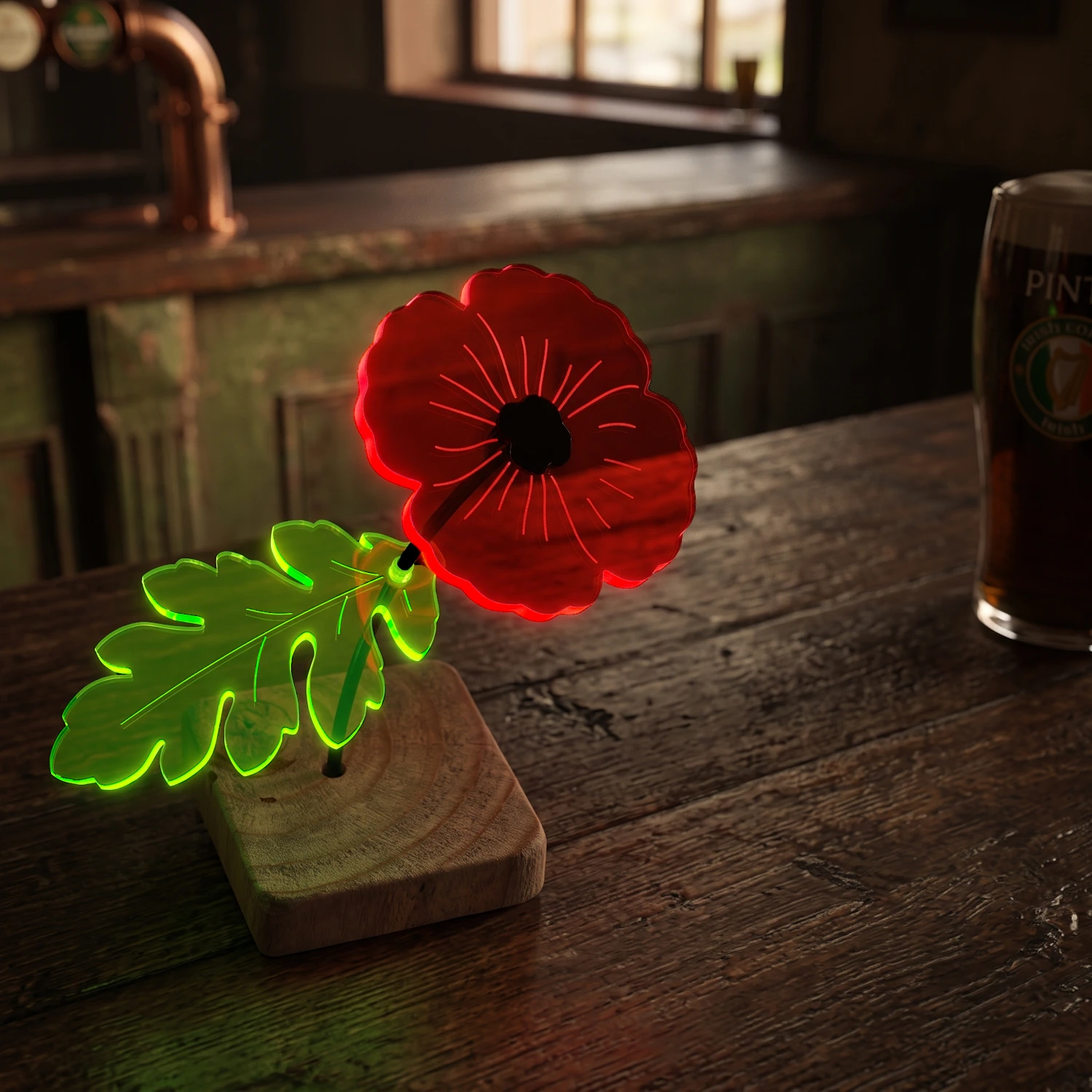 Sonnenfänger "Little Poppy" 3 SunForm-Sonnenfänger Sonnenfänger: Mohnblume, Poppy mit Standfuß, stehend auf einem rustikalen Tisch eines irischen Pubs